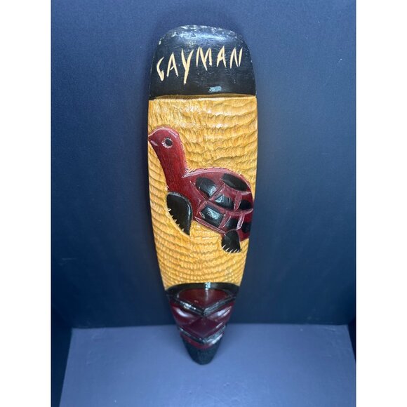 Vintage Cayman Island Wooden Carved Wall Decor Mask with Turtle 23.5" Tall - Picture 2 of 6